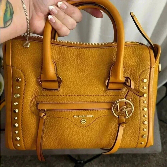 Michael Kors Carine Carmel Small Studded Pebbled Leather Satchel - Picture 7 of 11